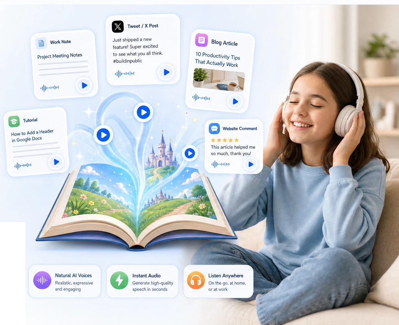 A listener enjoying generated speech from notes, tweets, blogs, tutorials, and comments