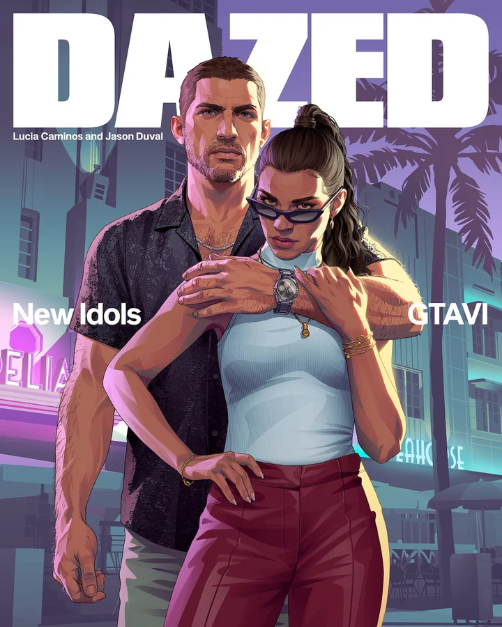 Authorized Dazed editorial artwork depicting Lucia Caminos in front of Jason Duval