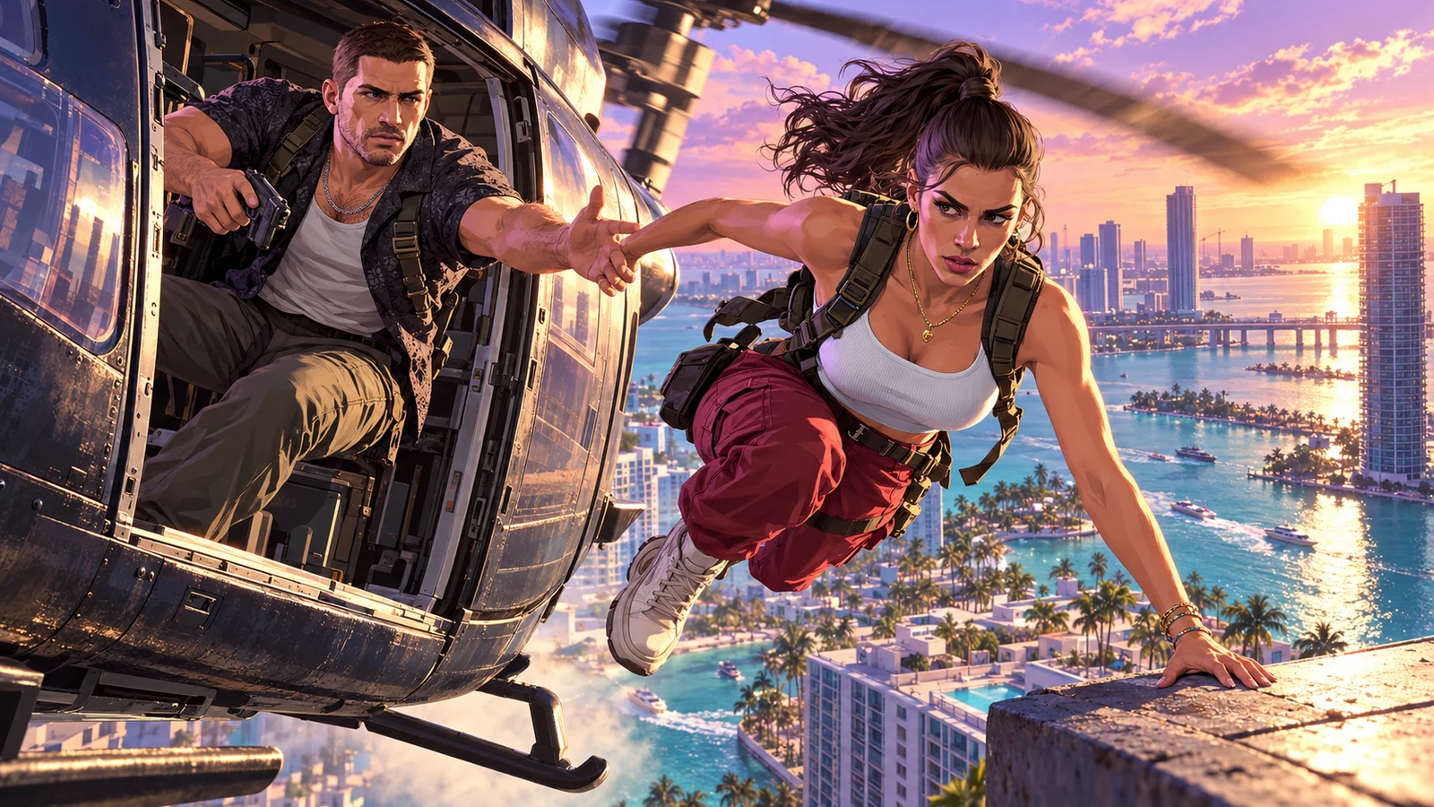 Original concept illustration of Lucia jumping from a helicopter while Jason reaches from the cabin