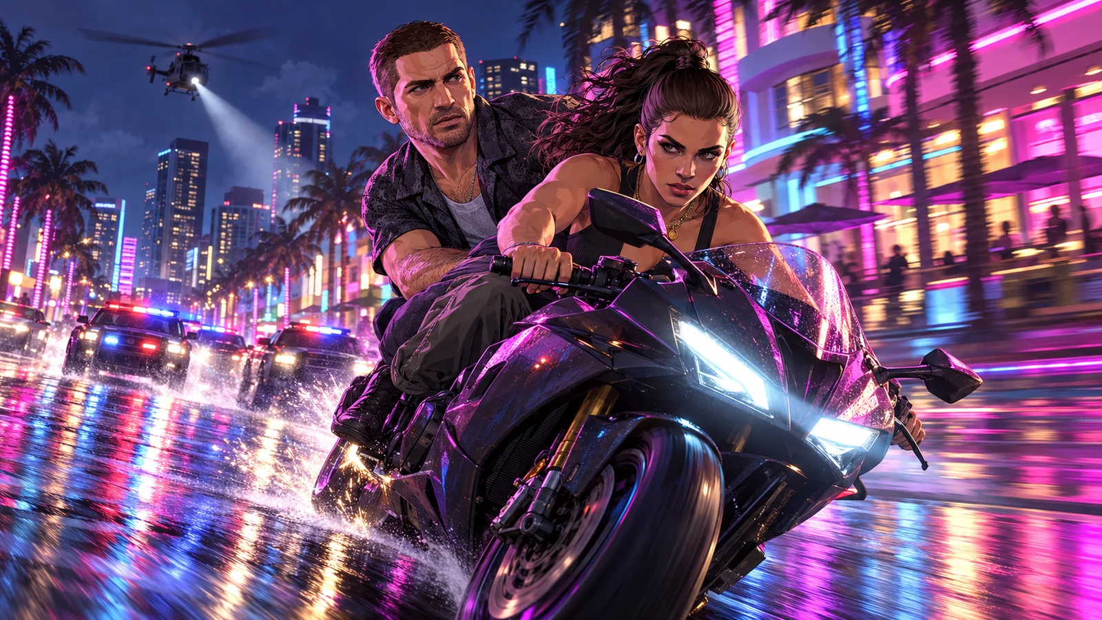 Original concept illustration of Lucia and Jason riding a sport motorcycle through a wet neon district