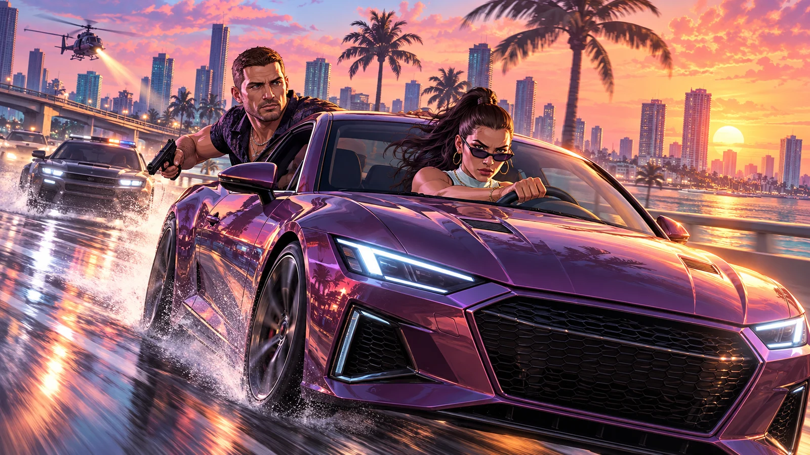 Original concept illustration of Lucia driving an unbranded performance coupe while Jason watches a coastal pursuit