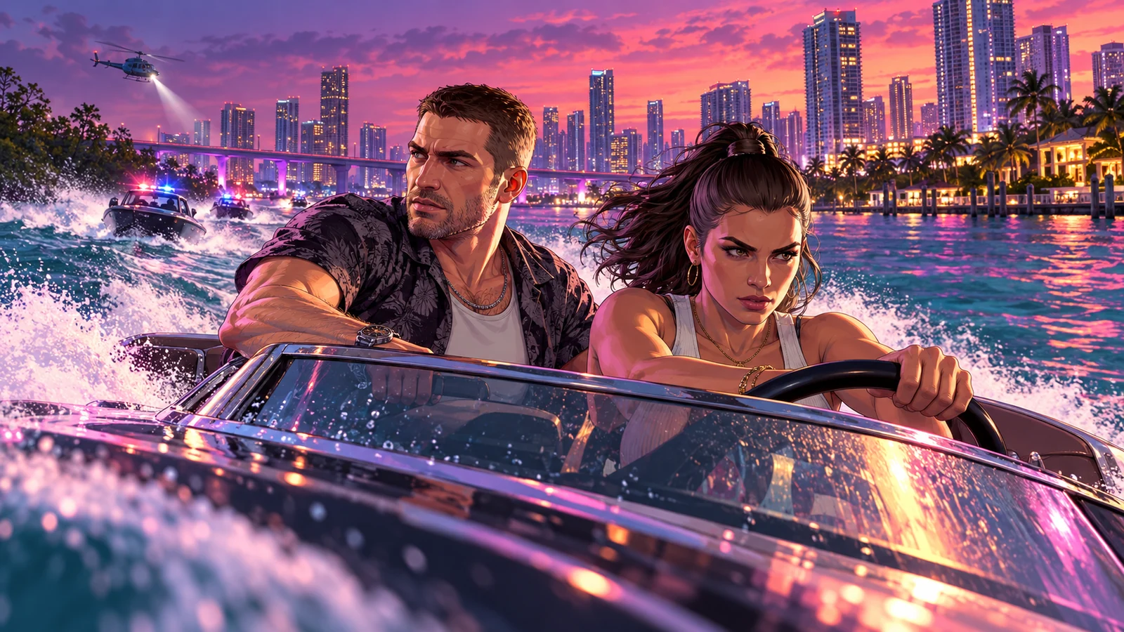 Original concept illustration of Lucia driving a speedboat while Jason watches pursuing patrol boats