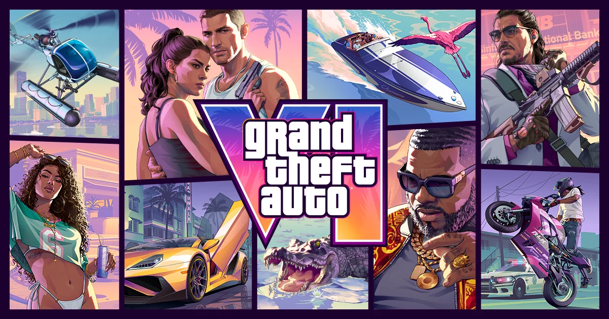 Authorized official GTA VI promotional collage showing Jason, Lucia, vehicles and Leonida scenes